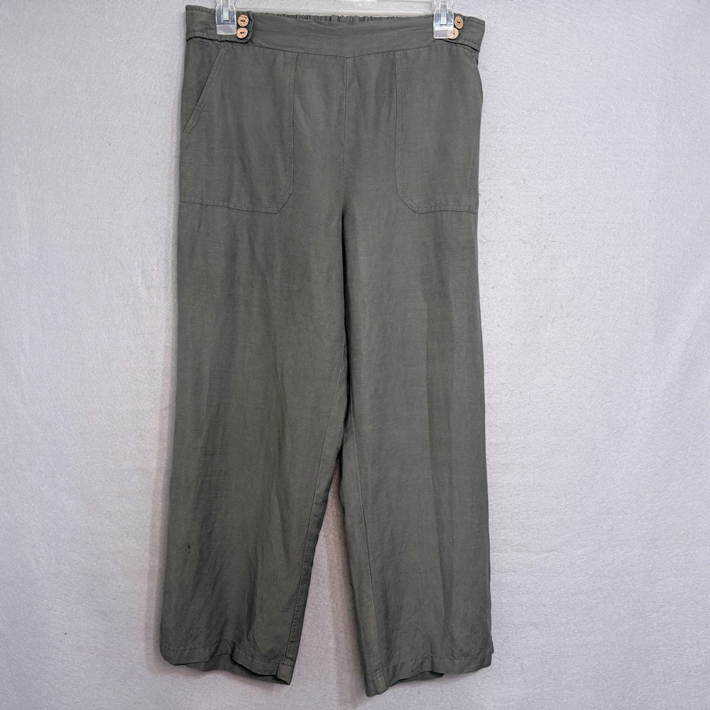 Calligraphie Boho Linen Blend Wide Leg Crop Pants Womens Size L Green Minimalist